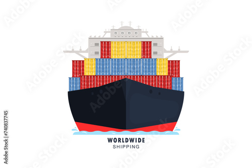Front view, Cargo ship containers shipping, Worldwide shipping concept, Vector illustration.