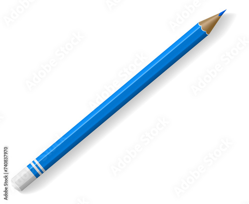 Realistic pencil. Blue wooden drawing tool. School supply