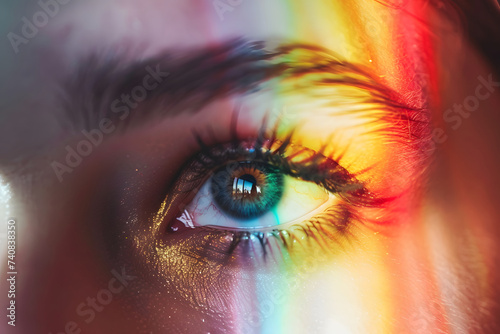 woman's eye in rainbow light close-up