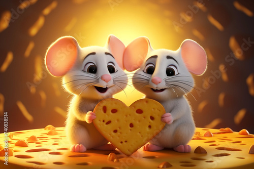 3D illustration of a character, little mice in love holding cheese with their paws on both sides, the illustration was created in the form of a postcard. To congratulate you on holidays and anniversar photo