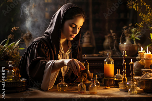 arabic woman making natural perfume, wood resin natural cosmetics, Generative AI