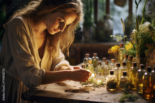 beautiful woman making natural perfume, wood resin natural cosmetics, Generative AI