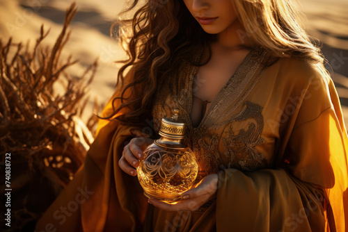 woman holding fancy glass golden perfume bottle in desert, wood resin natural cosmetics, Generative AI