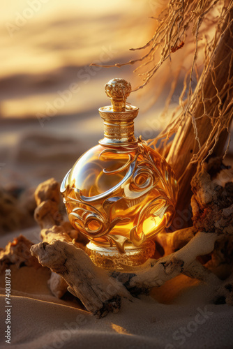 fancy glass golden perfume bottle in yellow desert wood resin gold, natural cosmetics, Generative AI