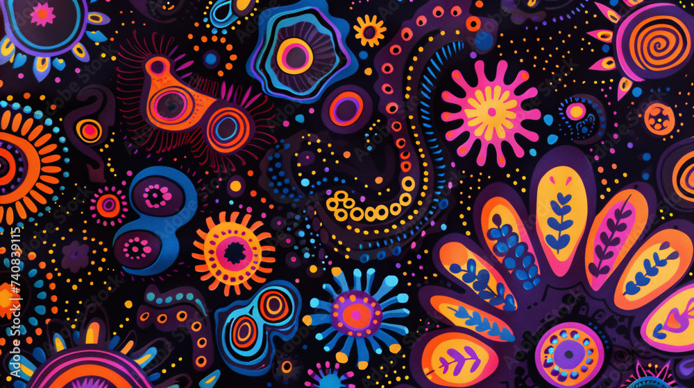 Colorful background psychedelic pattern in 60s style on black background.