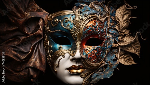 Carnival mask with gold rich decorations on black background. Carnival outfits, masks and decorations. © Hawk