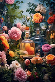 fancy glass perfume bottles in green herbs flowers moss, natural cosmetics, Generative AI
