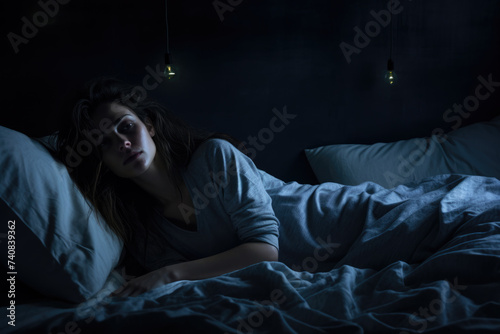 stressed woman in bed late at night insomnia, sleep disorder, Generative AI