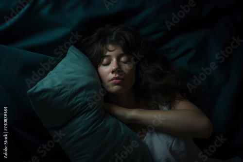 beautiful caucasian woman sleeping calm in bed, healthy rest concept, Generative AI