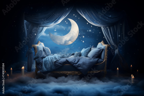 dreamy cozy bed in clouds stars moon at night, surreal bedroom, Generative AI