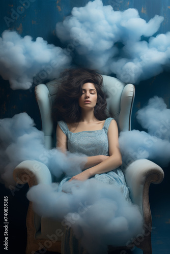 beautiful caucasian woman sleeping calm in bed of clouds dreaming, healthy rest concept, Generative AI