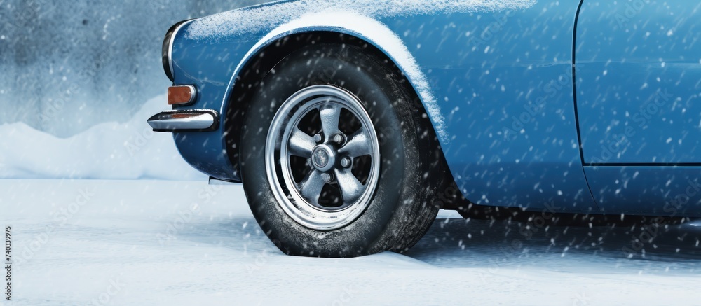 side blue sports car in snow frozen ice