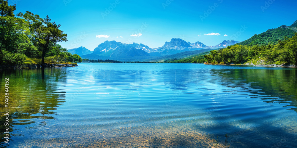 Crystal Clear Mountain Lake Landscape.
Tranquil mountain lake with reflections under a clear blue sky.