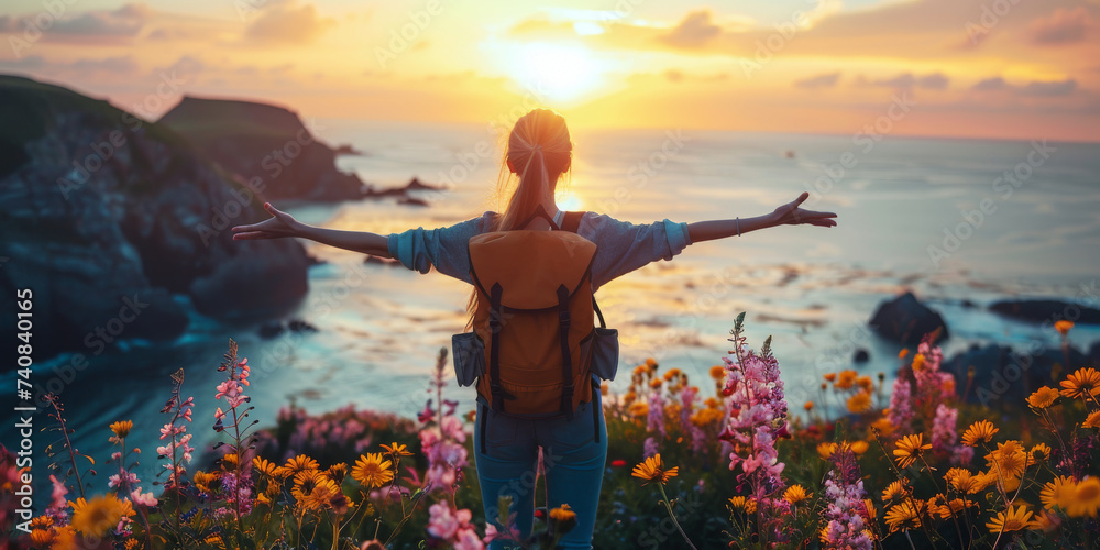 Woman Embracing Nature at Sunset.
A woman with open arms at cliffside sunset. - obrazy, fototapety, plakaty 