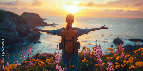 Woman Embracing Nature at Sunset. A woman with open arms at cliffside sunset. © AI Visual Vault