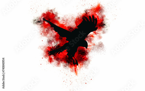 Flying bird of prey. Artistic and abstract image. White background.