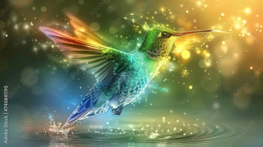Fototapeta premium Magic glowing glittering multi-colored hummingbird splashing in water