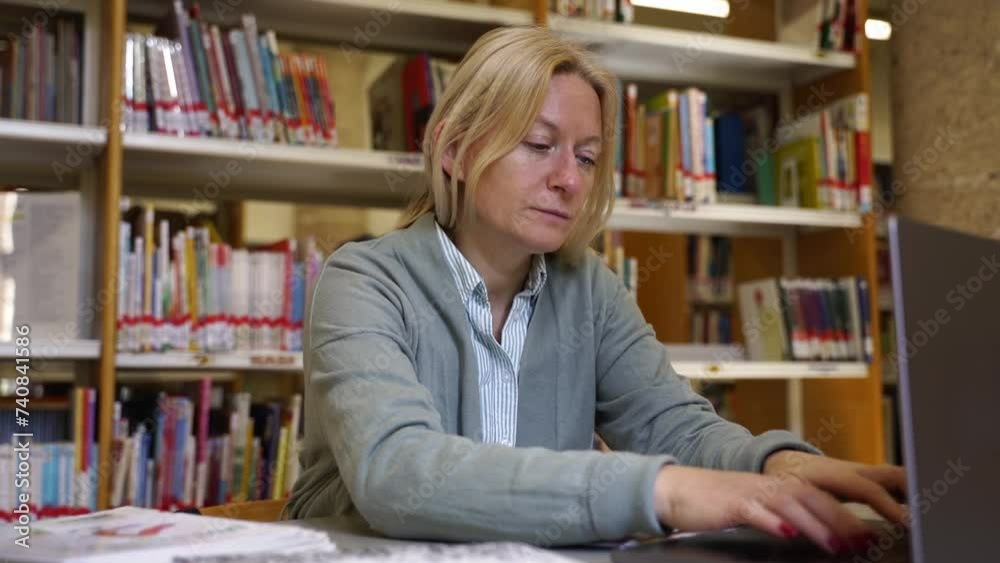 Mature teacher woman prepare for the lesson in school or college in library, searching for the info. Mid adult professor using laptop, writing notes, create seminar presentation slides. Education Mature teacher woman prepare for the lesson in school or college in library, searching for the info. Mid adult professor using laptop, writing notes, create seminar presentation slides. Education