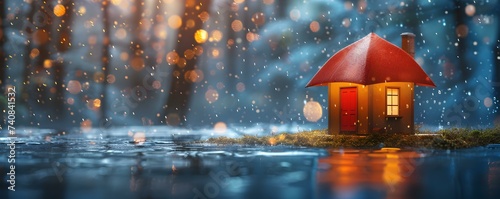House under umbrella shielded from inclement weather representing home insurance protection. Concept Home Insurance, Protection, Shield, Weather, Umbrella photo