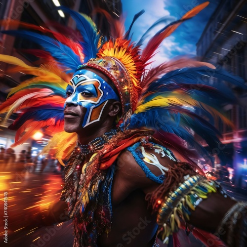 A man in a dynamic posture in a carnival costume with colorful paintings, decorations and feathers in his hair. Carnival outfits, masks and decorations.