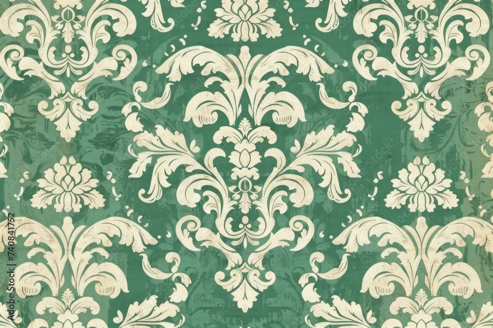 Green wallpaper with damask pattern - obrazy, fototapety, plakaty 
