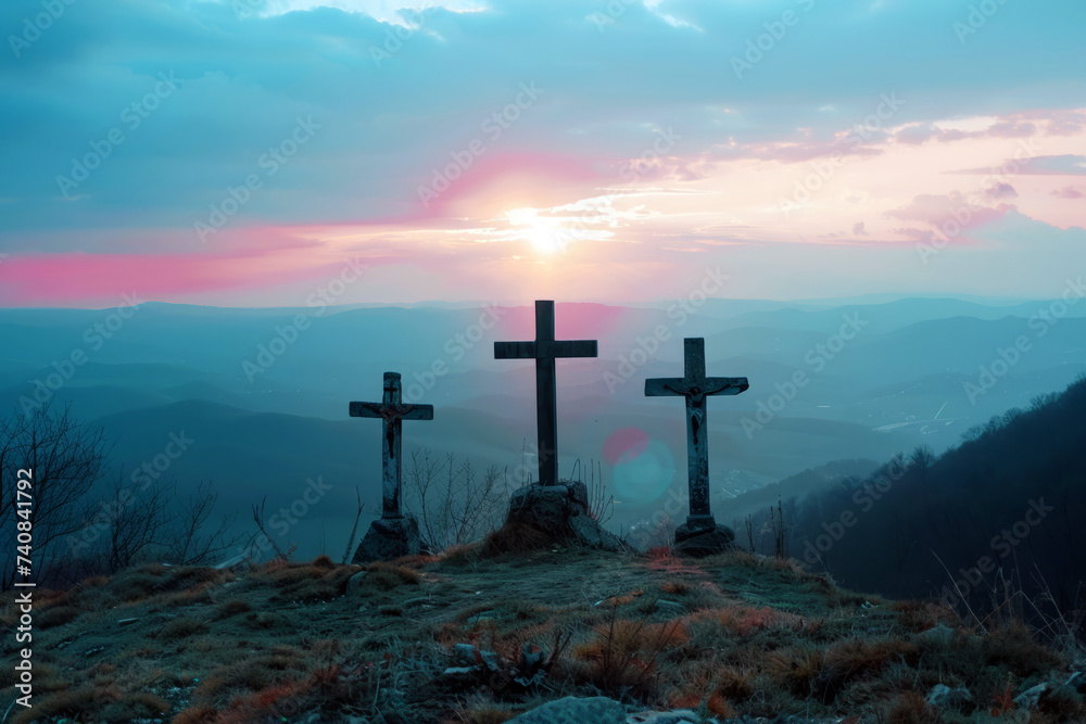 Three crosses stand on a hill with a stunning sunset in the background, symbolizing faith, hope, and spirituality. - obrazy, fototapety, plakaty 