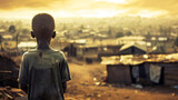 A young child stands with his back to the camera, facing the harsh reality of life in a slum environment.