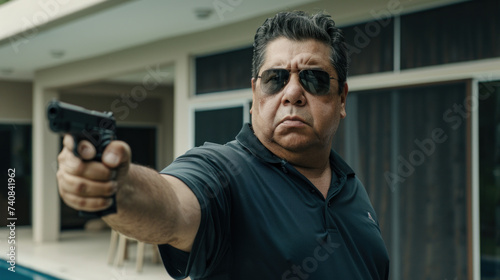 Drug cartel boss is aiming with handgun, mafia fighting