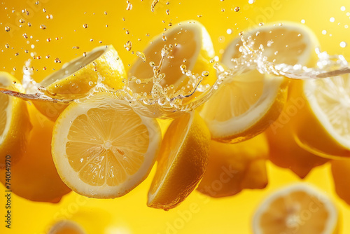 Fresh lemon slices energetically splashing in water against a vivid yellow background, capturing a refreshing and dynamic moment.