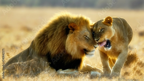 Two lions are playfully fighting each other on a field of dry grass.2
