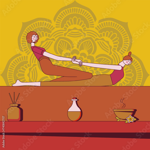 Thai massage treatment by professional therapist in spa. Traditional Asian stretching therapy. Design concept. Isolated flat vector illustration.