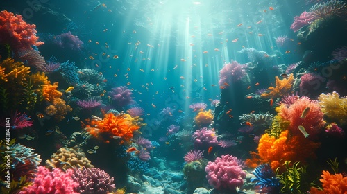 A magical underwater world filled with vibrant coral reefs, exotic fish, and shafts of sunlight streaming down from the surface above
