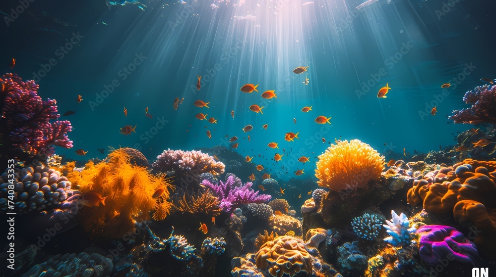 A magical underwater world filled with vibrant coral reefs, exotic fish, and shafts of sunlight streaming down from the surface above
