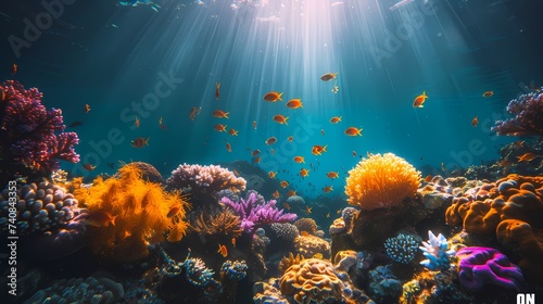 A magical underwater world filled with vibrant coral reefs  exotic fish  and shafts of sunlight streaming down from the surface above