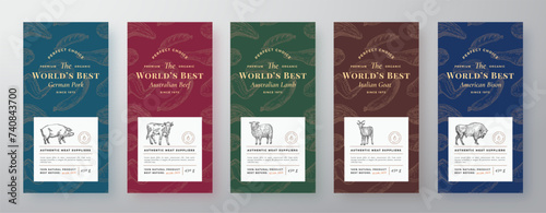 Premium Quality Meat and Poultry Labels Set. Abstract Vector Packaging Design or Cards. Modern Typography and Hand Drawn Domestic Animals Silhouette Background Layouts. Soft Realistic Shadows.