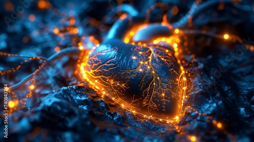 Abstract digital art depicting the human heart with illuminated cardiovascular pathways, emphasizing the organ's electrical conductivity. © Rattanathip