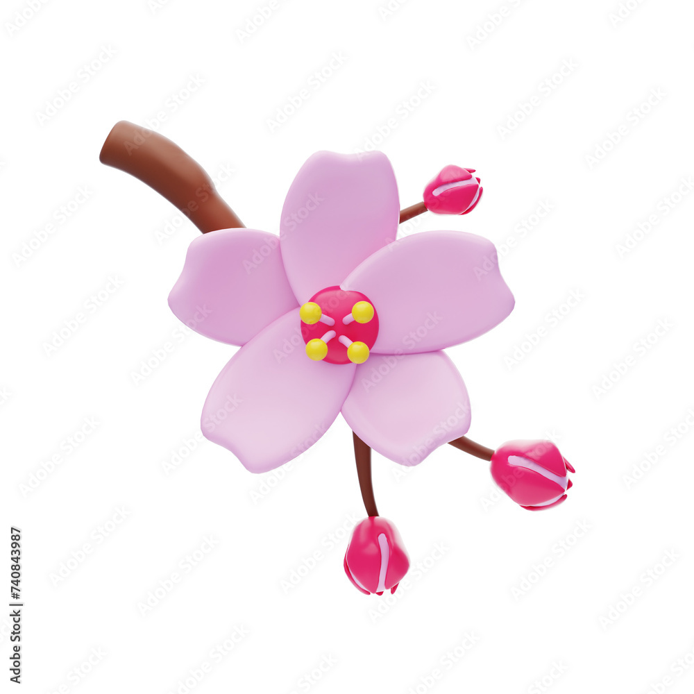 Fototapeta premium 3D Cherry Cute Blossom With Three Buds. 3d illustration, 3d element, 3d rendering. 3d visualization isolated on a transparent background