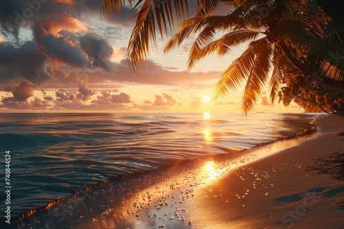 At sunset, a tropical island beach transforms into a breathtaking and idyllic scene, captivating with its beauty and tranquility