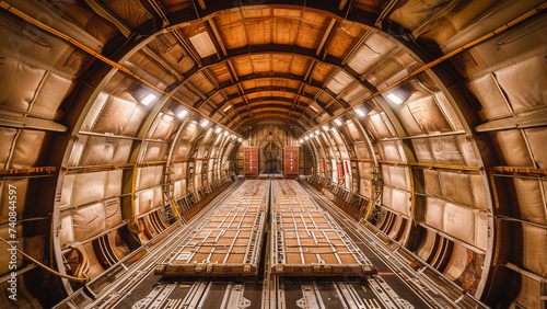 Interior view of a spacious  empty cargo bay inside an aircraft used for transporting goods and freight.