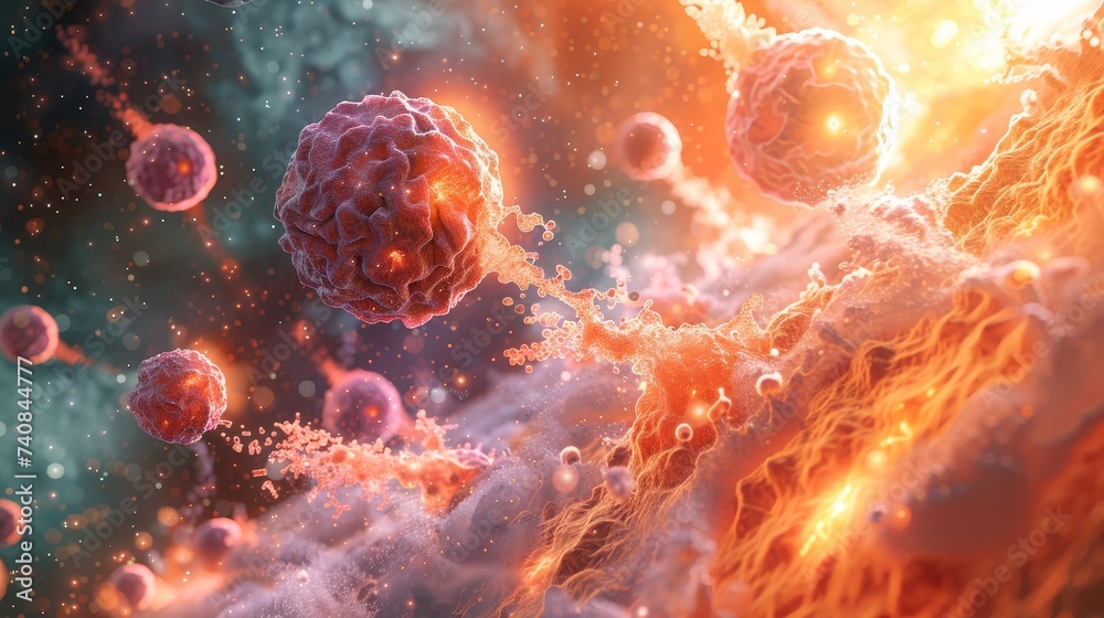 A dynamic and fiery depiction of the human immune response engaging in defense against invasive pathogenic cells, with a dramatic and vivid visual style. A dynamic and fiery depiction of the human immune response engaging in defense against invasive pathogenic cells, with a dramatic and vivid visual style.
