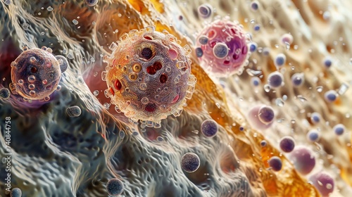 This detailed image vividly depicts various viruses amidst the human immune response, highlighting the interaction between pathogens and immune cells.