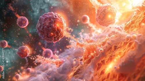 A dynamic and fiery depiction of the human immune response engaging in defense against invasive pathogenic cells, with a dramatic and vivid visual style. photo