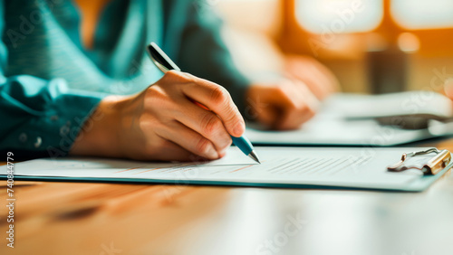 Close-up of a person's hand signing a document on a desk with a pen, highlight for legal and business concepts.