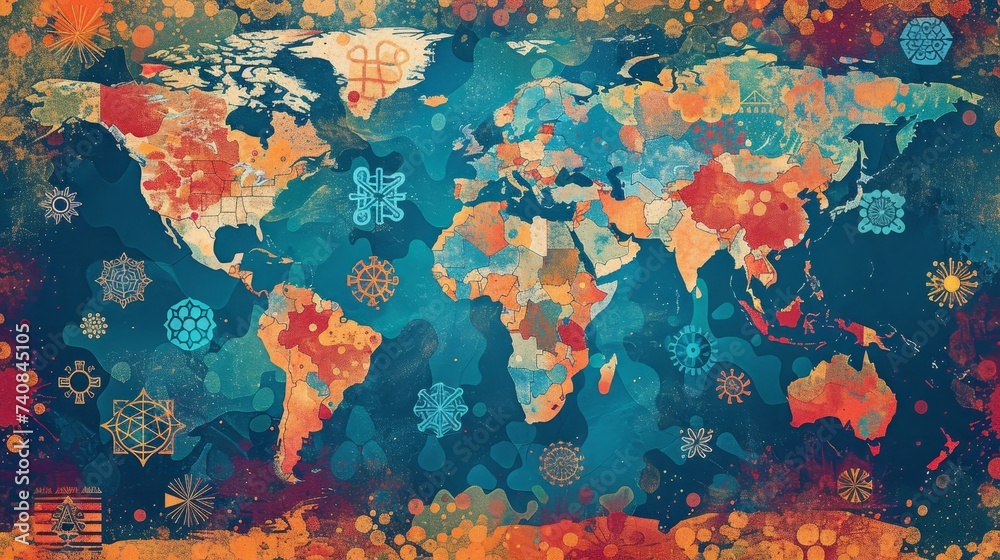 An abstract, colorful world map overlayed with various cultural and historical symbols, creating a unique artistic piece.
