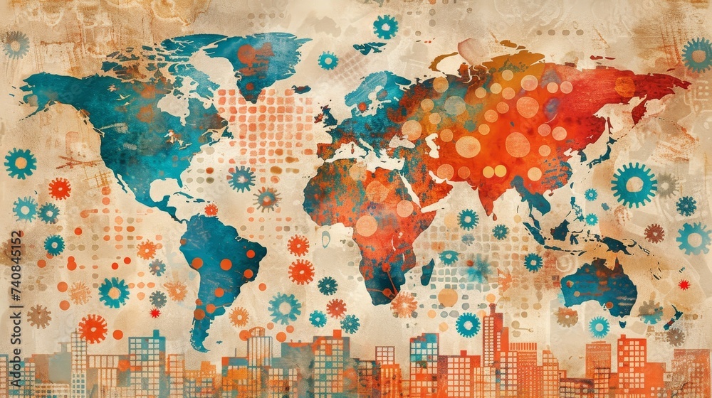 A conceptual world map depicting urbanization and global connectivity with stylized city silhouettes and interconnected gears.
