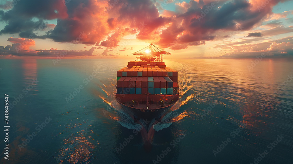 Container ship carrying container boxes import export dock with quay crane. Global business cargo freight shipping commercial trade logistic and transportation oversea worldwide, Generative Ai - obrazy, fototapety, plakaty 