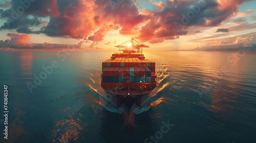 Container ship carrying container boxes import export dock with quay crane. Global business cargo freight shipping commercial trade logistic and transportation oversea worldwide, Generative Ai photo