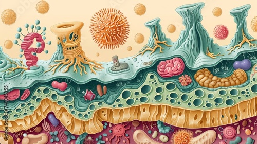 This colorful illustration artistically represents the cellular layers of the skin interacting with various allergens and particles. photo