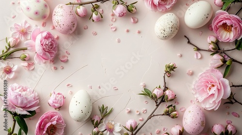 Easter eggs and flowers decoration  frame on pastel background  copy space  greeting card template