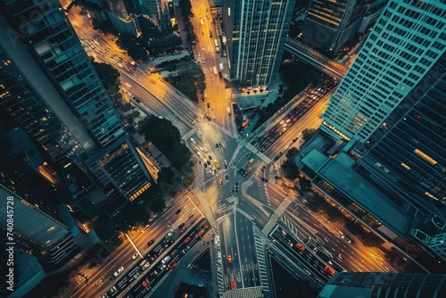 Aerial View of a Busy City Intersection at Night, Downtown view of a bustling city from a drone's perspective, AI Generated photo